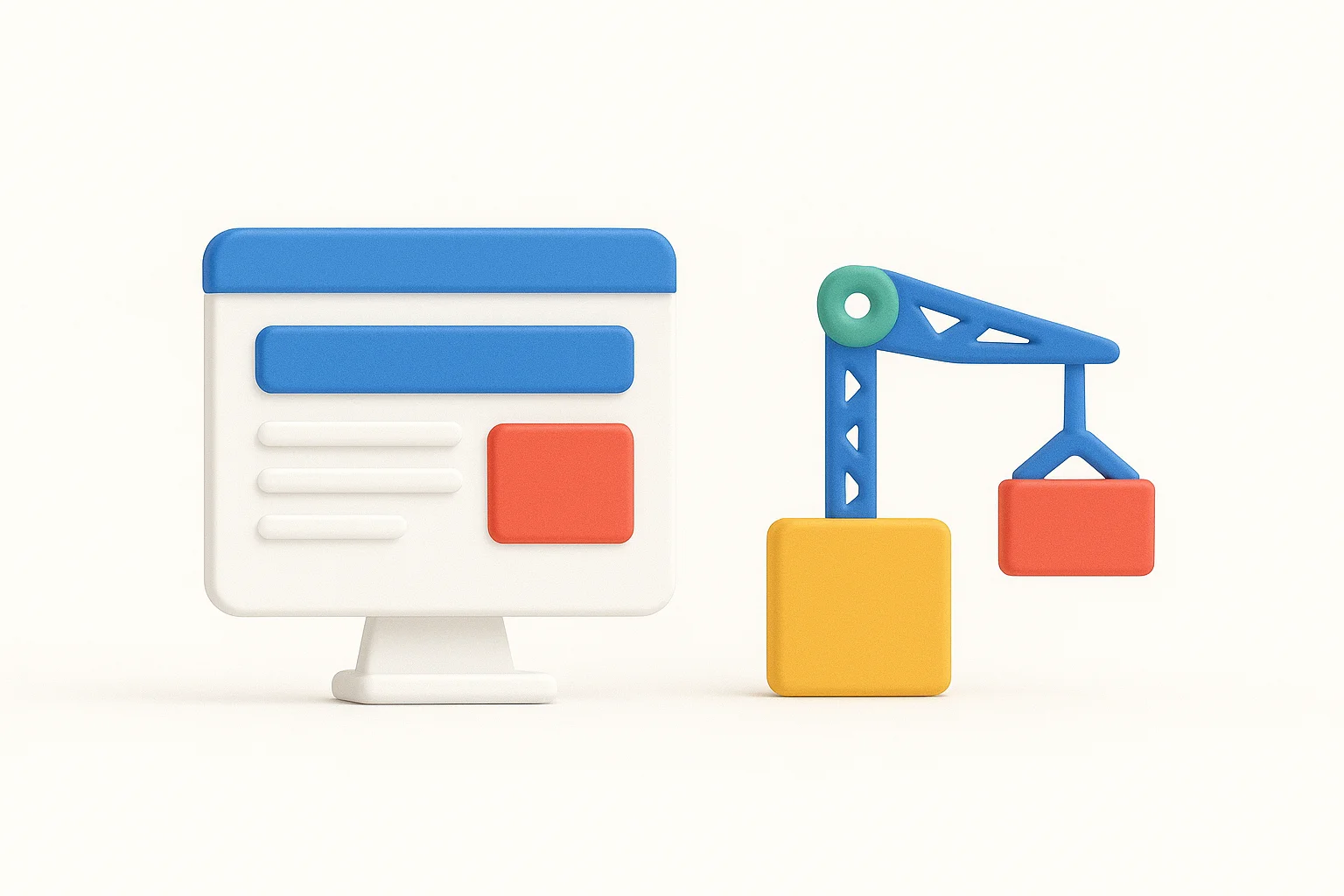 Infographie 3D représentant un écran de site en construction avec une grue symbolisant le développement web et l’optimisation technique SEO.