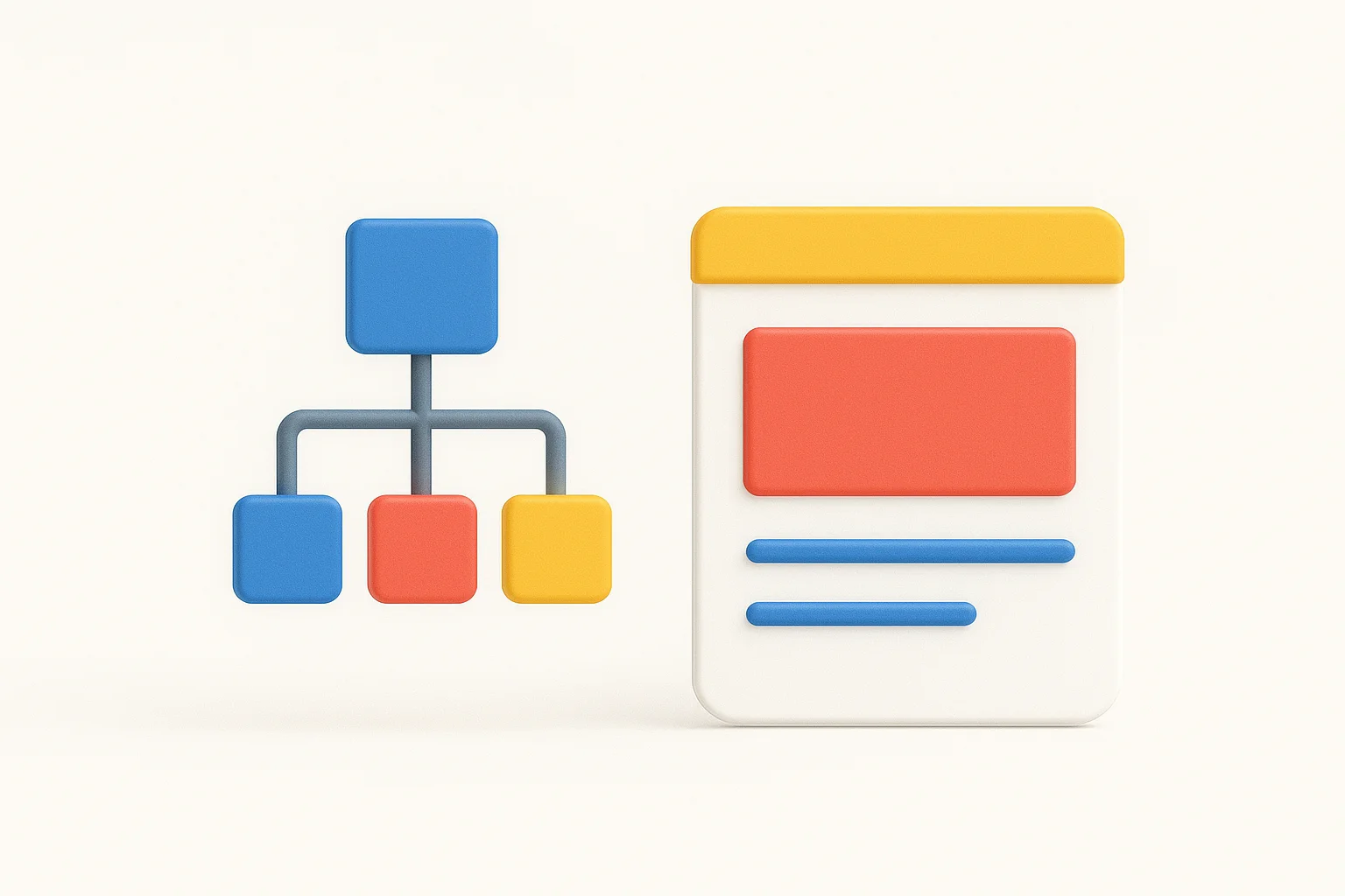 Infographie 3D montrant un schéma d’arborescence et une maquette de page pour représenter la stratégie SEO, les clusters de contenu et la conception UX/UI.