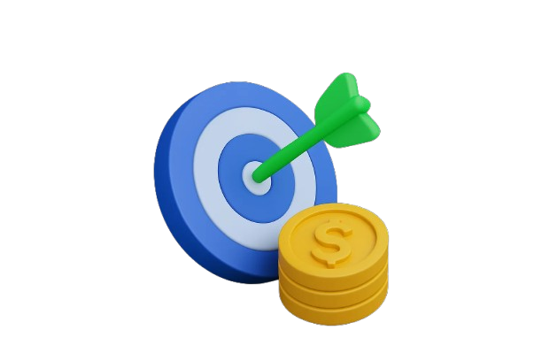 Infographie 3D minimaliste illustrant la stratégie SEO rentable de Gafloow, symbolisée par une cible atteinte et des gains financiers, représentant la transformation du SEO en machine à revenu